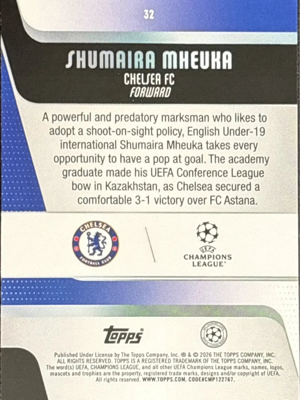 Topps Chelsea Shumaira Mheuka Rookie Soccer Card